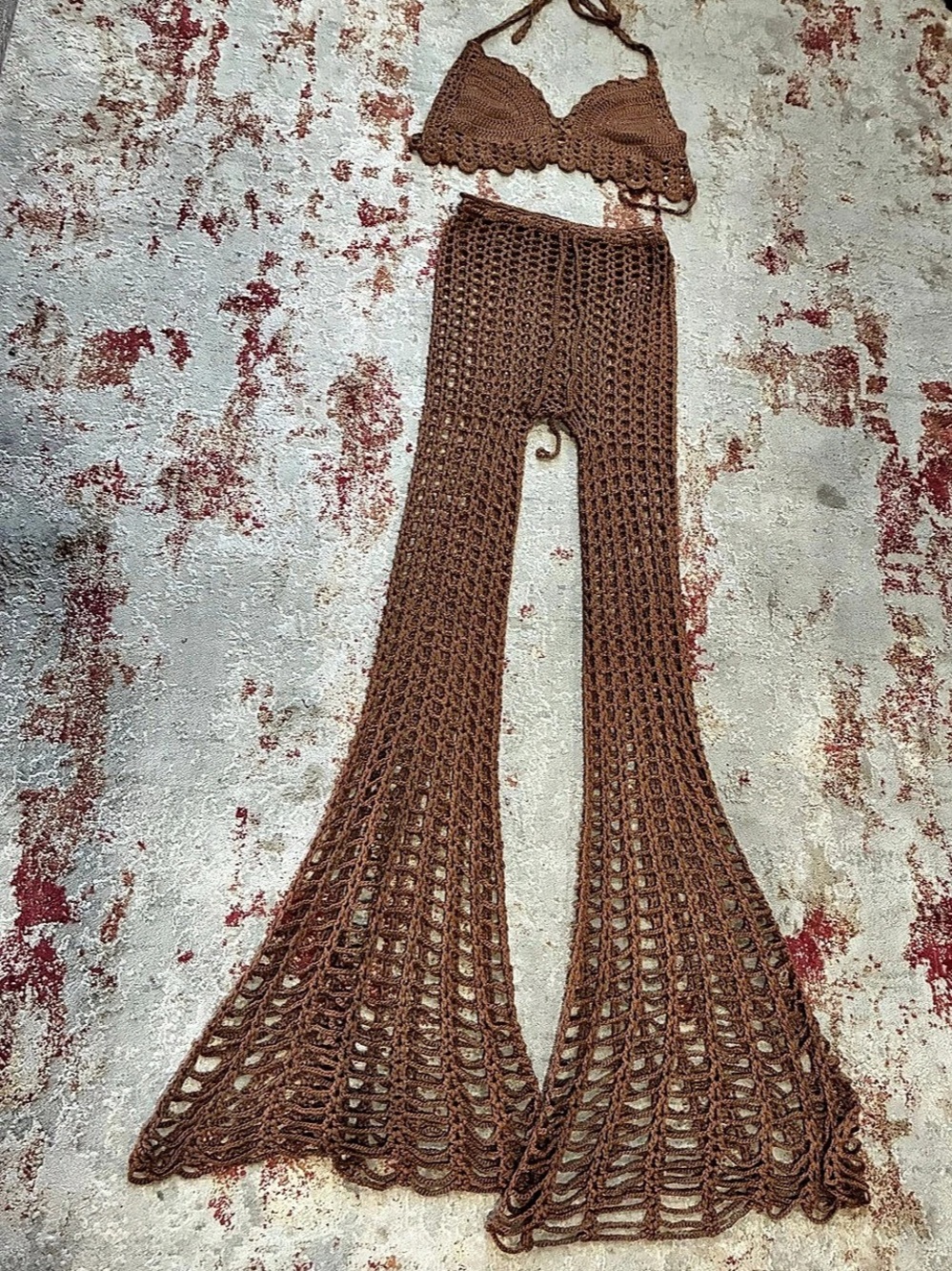 Love Sense Crochet Halter Cover-Up Set in Brown Large NWT